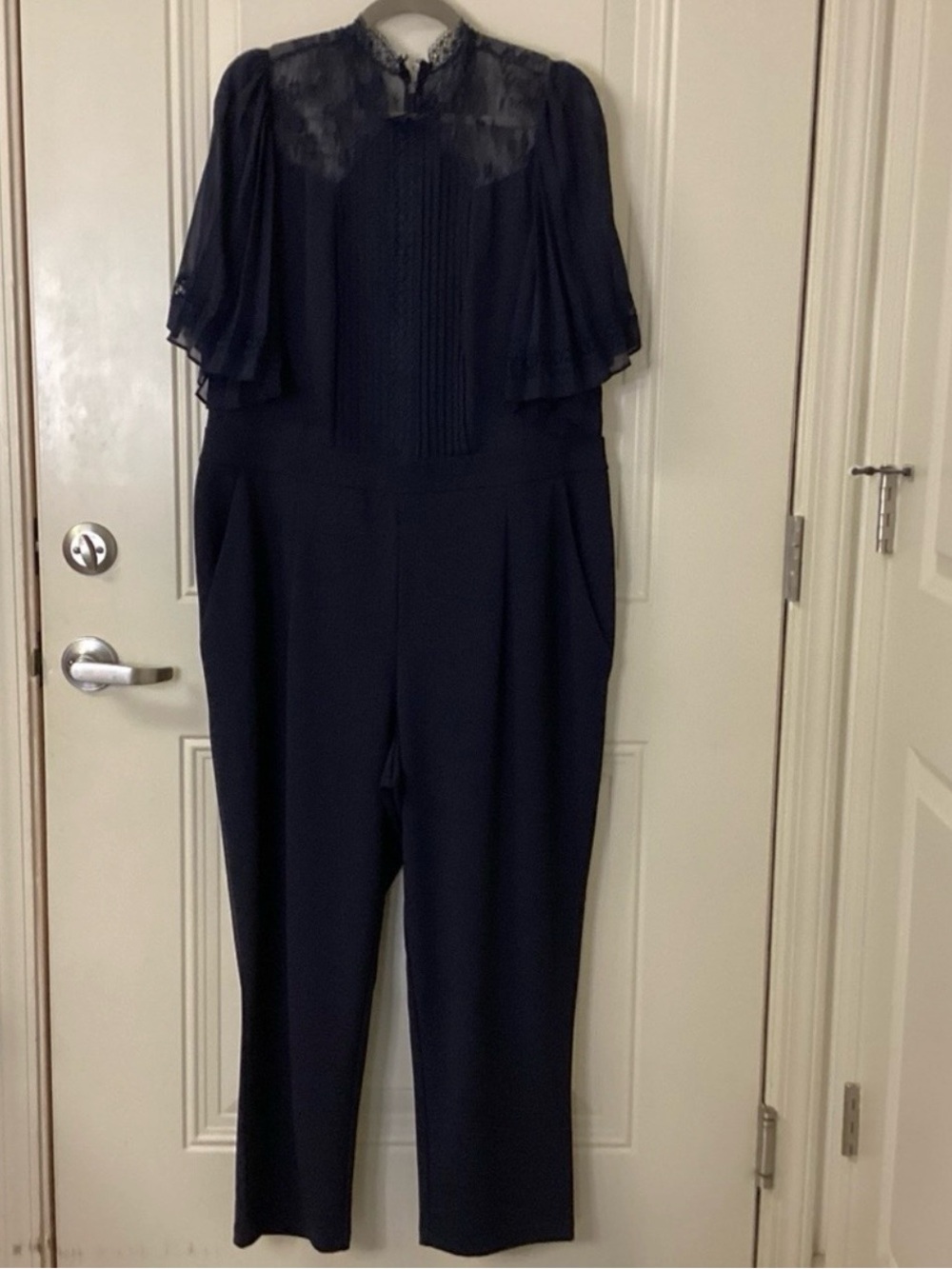 Express Navy Blue Lace-Yoke Wide Sleeve Jumpsuit - Picture 3 of 12